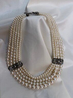 Multi Strand Faux Pearl Bib Choker Necklace Hematite Crystal Statement